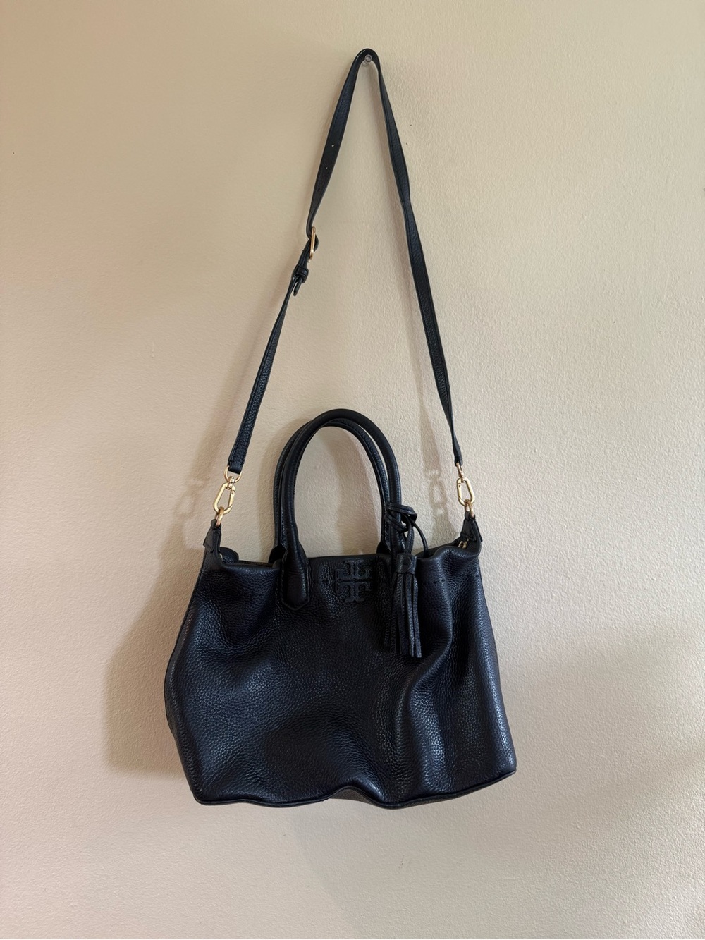 Tory Burch Black Pebbled Leather Shoulder Satchel with Gold Hardware